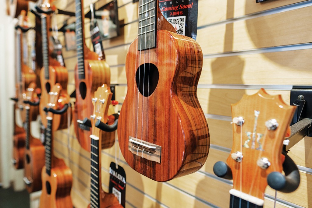 Wall of assorted ukuleles