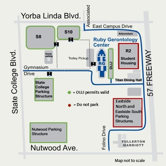 map showing parking locations and trolley routes